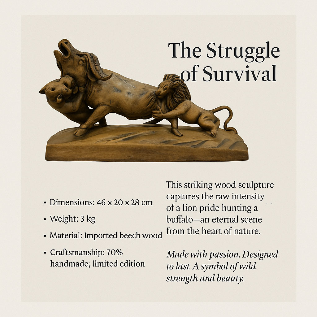 wooden sculpture of Lions hunting wild bulls